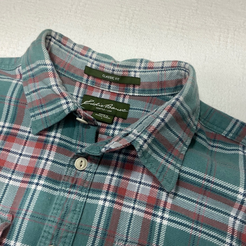 Eddie Bauer Mens Classic Fit Flannel Shirt Large Teal Red Plaid Long Sleeve L - Picture 3 of 10